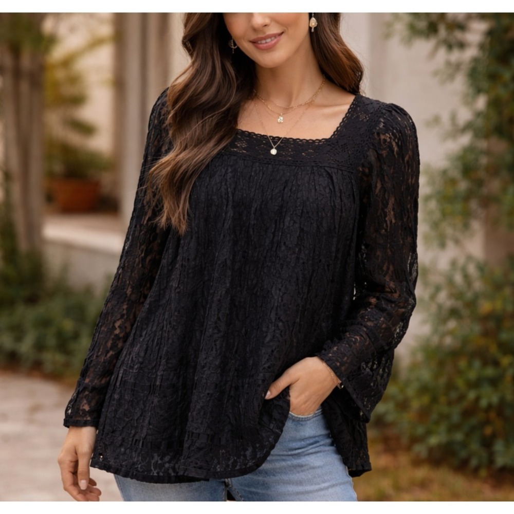 NEW Whimsigoth Top Womens L Square Neck Lace Witchy Boho Blouse Sheer Dark Fairy